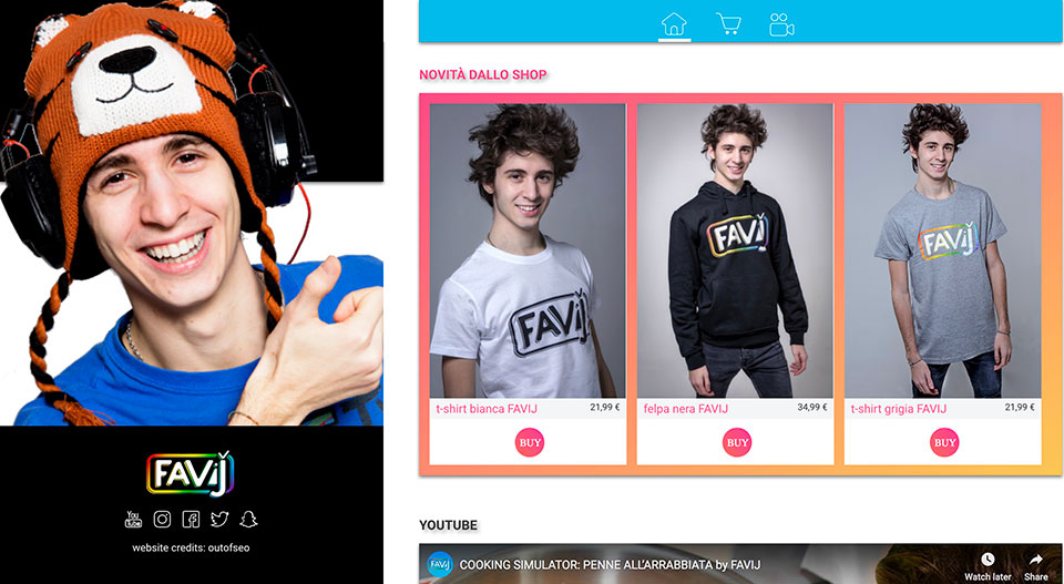 screenshot negozio online di favij dove si possono comprare magliette e felpe personalizzate